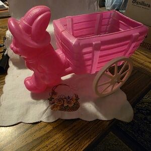 Vintage Pink Bunny And Cart Blow Mold Easter Decor